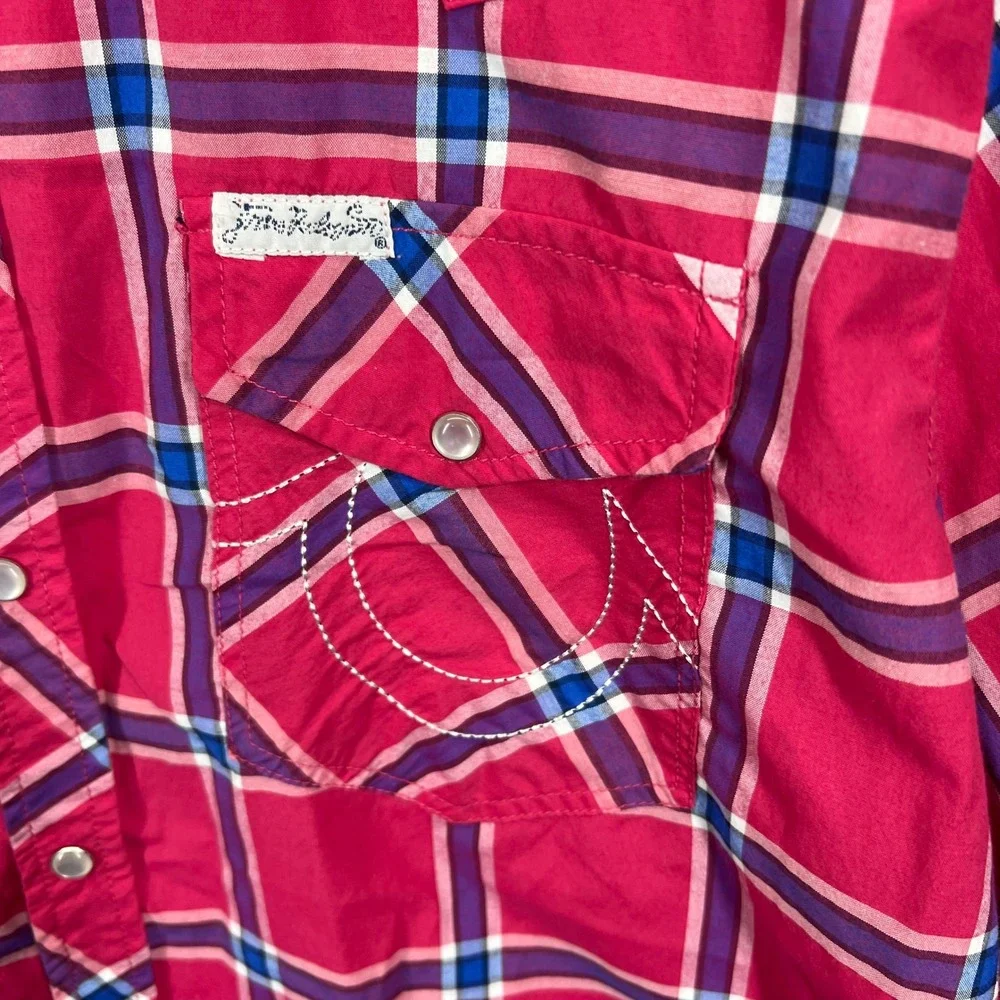 True Religion Western Pearl Snap Shirt Mens XL Pink Plaid Short Sleeve EUC